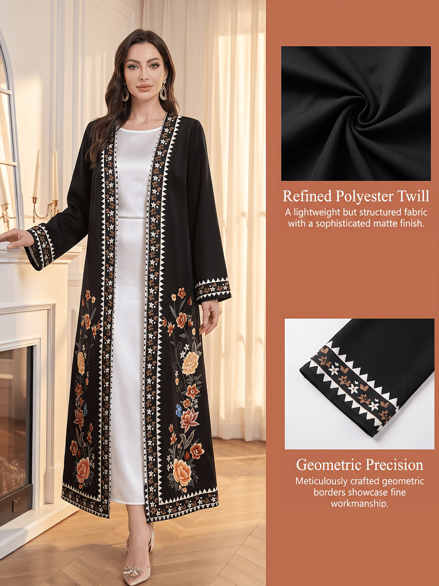 Middle Eastern Style, Elegant Women'S Long Sleeve Cardigan Long Coat, Printed, Casual Wear, Commuting, Strolling, Casual Fashion, Elegant Temperament, Middle Eastern Style Versatile Recommendation - Black