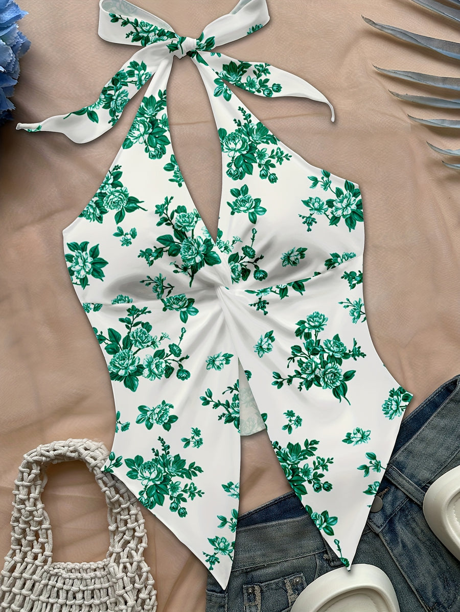 Women'S Spring/Summer Fall Boho Beach Vacation Outfits Marine Floral Leopard Print Trim Bustier Slim Fit Camisole Halter Top, Y2K Vintage Concert Outfit - Emerald Green