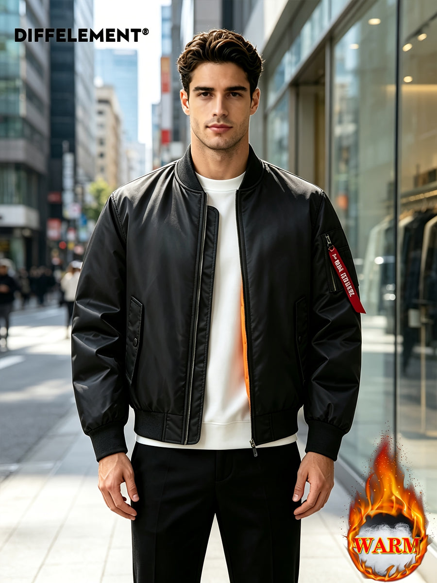 DIFFELEMENT Men's Baseball Collar Flight Jacket, Windproof, Wrinkle-Resistant, Wear-Resistant, Woven Fabric, Smooth Zipper Closure, Ribbed Cuffs and Hem, Sleeves with Pockets, Red Ribbon Accent, Loose Casual Fit, Suitable for Urban Commuting - Black