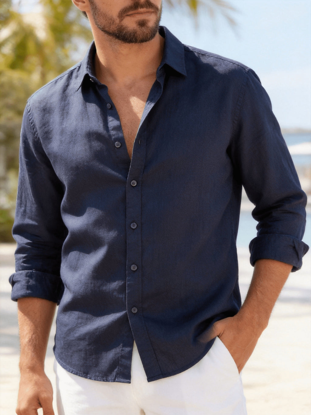 Single Piece Loose and Comfortable Men's Long Sleeved Shirt, with a Simple and Versatile Solid Color Style, Button Opening and Closing Design, Suitable for Casual Daily Wear. - Navy Color