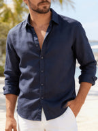 Single Piece Loose and Comfortable Men's Long Sleeved Shirt, with a Simple and Versatile Solid Color Style, Button Opening and Closing Design, Suitable for Casual Daily Wear. - Navy Color