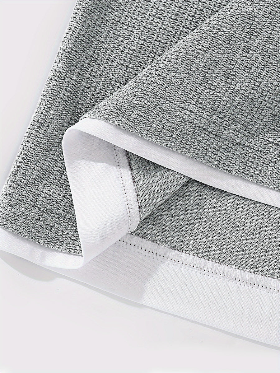 Men's Long-Sleeve T-Shirt, New Spring/Autumn Waffle Knit Fabric Top, 2-in-1 Look Design, Crew Neck Solid Color Base Layer Shirt - Grey
