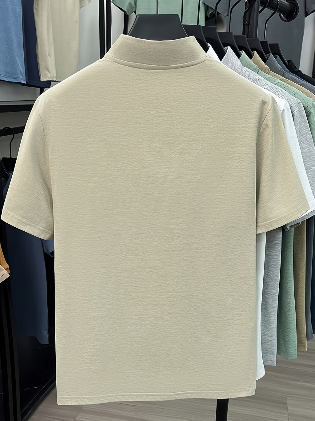 Men's Summer Short-Sleeve Stand Collar T-Shirt - Breathable Small Base Layer Shirt, Solid Color Business Casual Top Suitable for Daily Work Wear, Machine Washable & Dry Cleanable, Asymmetrical Hem - Beige