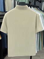 Men's Summer Short-Sleeve Stand Collar T-Shirt - Breathable Small Base Layer Shirt, Solid Color Business Casual Top Suitable for Daily Work Wear, Machine Washable & Dry Cleanable, Asymmetrical Hem - Beige