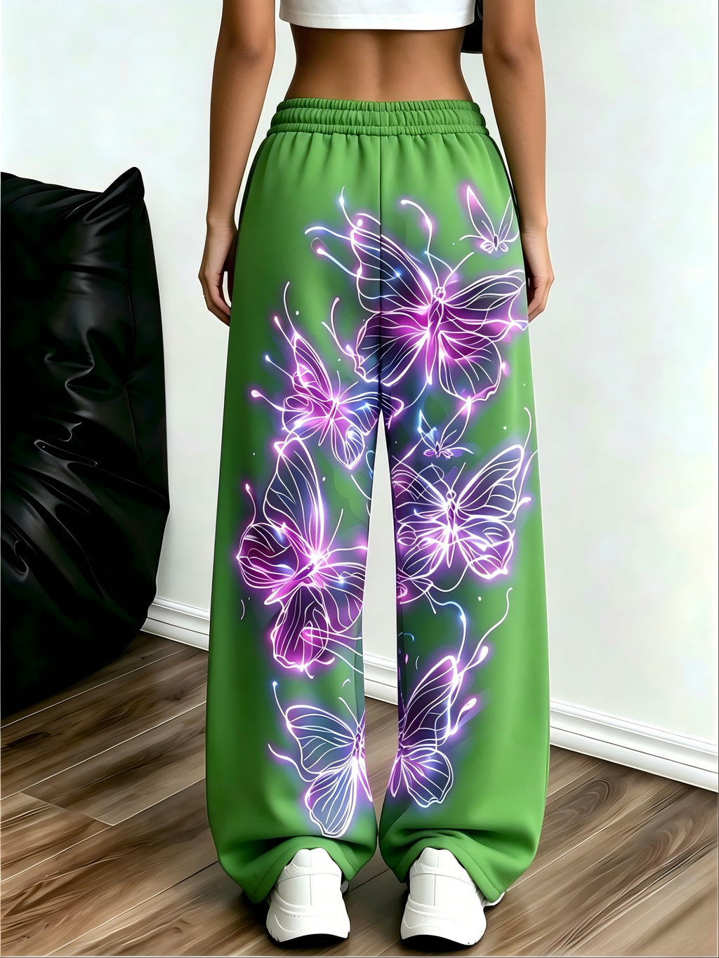 Women's Neon Butterfly Glow-in-the-dark Pattern Jogging Pants with Pockets, Elastic Waistband, and Straight-leg Design - Green