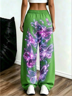 Women's Neon Butterfly Glow-in-the-dark Pattern Jogging Pants with Pockets, Elastic Waistband, and Straight-leg Design - Green