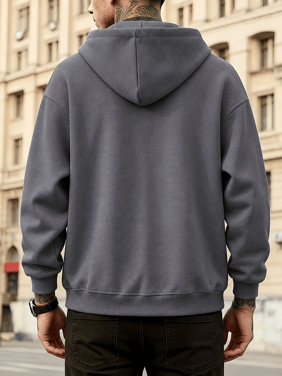 Men's Full-Zip Hoodie, Geometric Patchwork Loose Fit Long Sleeve Hooded Sweatshirt, Casual Streetwear Outerwear with Side Pockets, Thick and Soft Fabric Jacket, Suitable for Daily Walks, Gym, Sports, Outings, and Urban Streetwear - Dark Gray