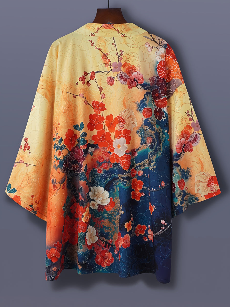 Japanese And Wind Weave Easy Style Vintage Easy Cherry Blossom Print Spring Summer Kimono Loose Cardigan Men Women Couple Style Thin Coat Air Conditioner Shirt Yukata Street Casual Travel Vacation Beach Top Blouse Cape Small Jacket Japanese Cover-Up - Orange
