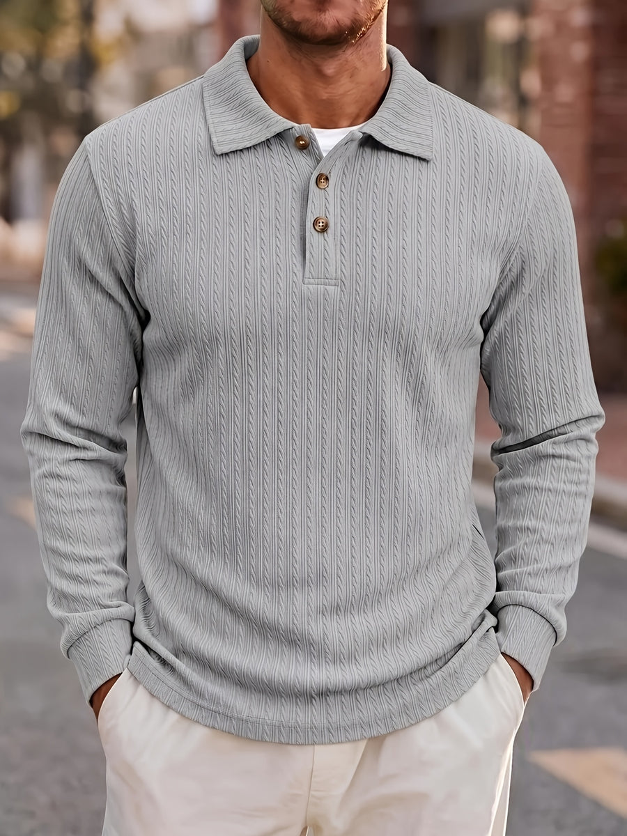 Men'S Casual Jacquard Polo Shirt, Autumn Easy Style Elastic Long Sleeve Textured Fabric Slim Fit Base Layer Top - Grey