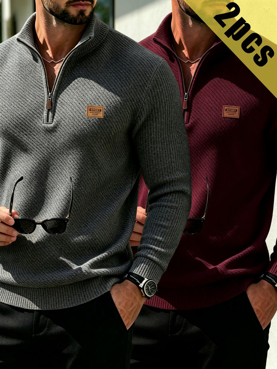 2pcs Men's Fashionable Versatile Top, Twill Texture Half-Zip Stand Collar Long-Sleeve Sweatshirt, Knitted Solid Color Long-Sleeve Casual Top for Daily Leisure, Sports & Fitness, Fashionable and Versatile. Soft, Comfortable, and Stylish Solid Color - Gray + Wine Red