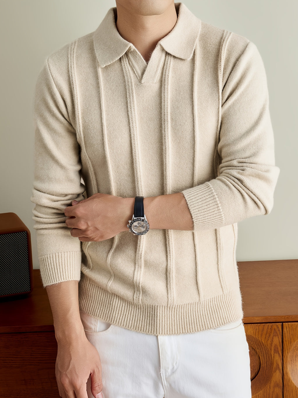 Men's Fall Winter V-Neck Buttonless Collar Knit Polo Sweater, Vertical Ribbed Long Sleeve Pullover with Ribbed Trim, Casual Top - Apricot