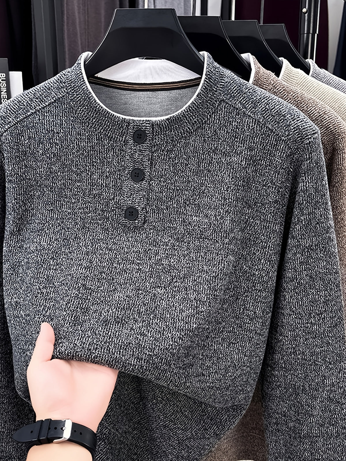 Men'S Henley Collar Knit Pullover Sweater, Half-Button Placket Design, Contrast Edge Trim Neckline Casual Easy Knit Top - Deep Gray