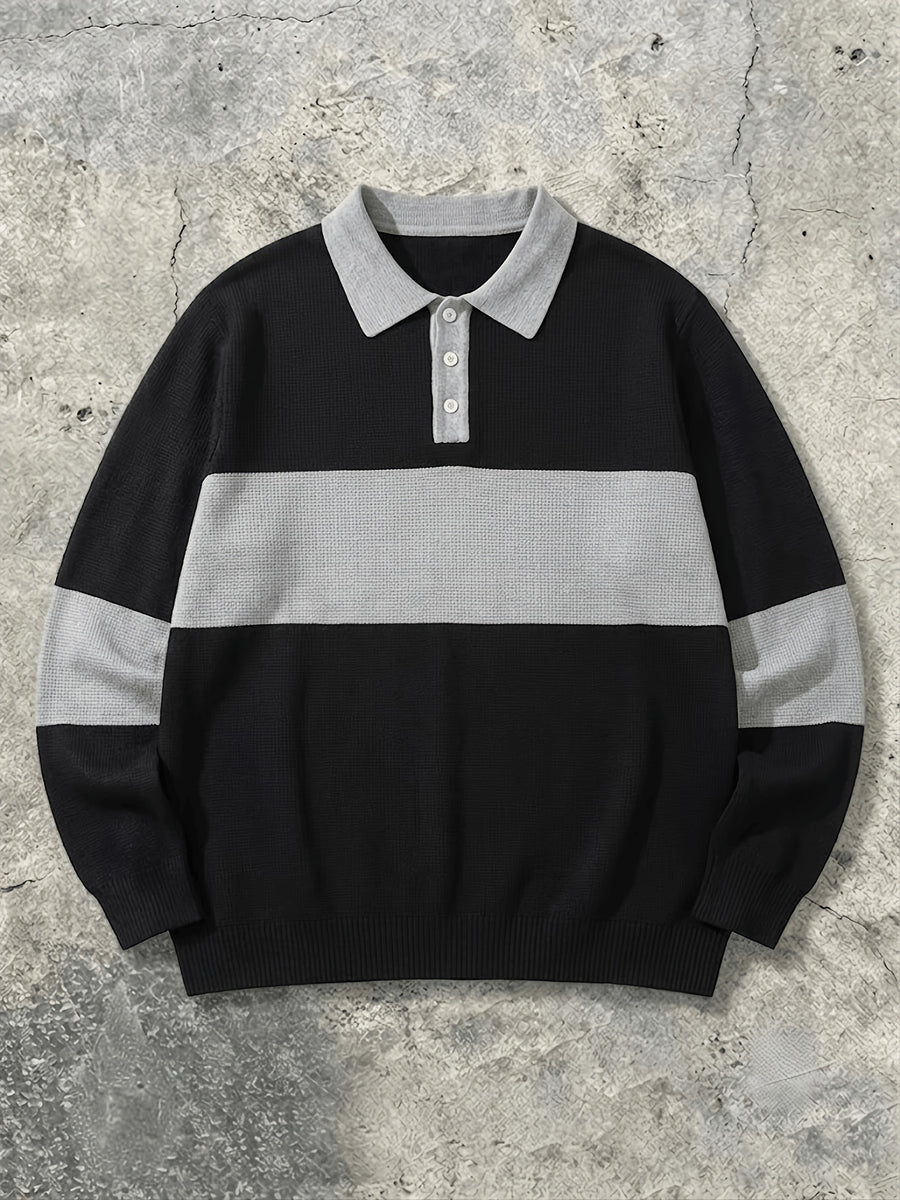 Spring/Autumn Heavy Waffle Black And White Contrast Polo Neck Sweater Men'S Lapel Button Patchwork Long Sleeve Top 3D Cut Loose Drape Slimming Commute Casual Premium Quality Basic Style Men'S Clothing - Black Gray