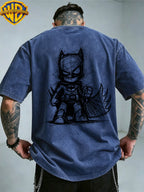 Warner Bros. Official License, Cape Q-Version Batman Sketch Double-Sided Print Washed Distressed Short Sleeve T-Shirt, American Retro Casual Top, Men'S Casual Comfortable Versatile Loose T-Shirt, Suitable for Daily Wear, Styling, And Gifting - Royal Blue