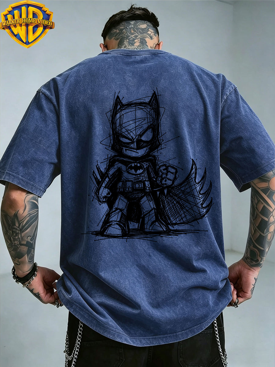 Warner Bros. Official License, Cape Q-Version Batman Sketch Double-Sided Print Washed Distressed Short Sleeve T-Shirt, American Retro Casual Top, Men'S Casual Comfortable Versatile Loose T-Shirt, Suitable for Daily Wear, Styling, And Gifting - Royal Blue