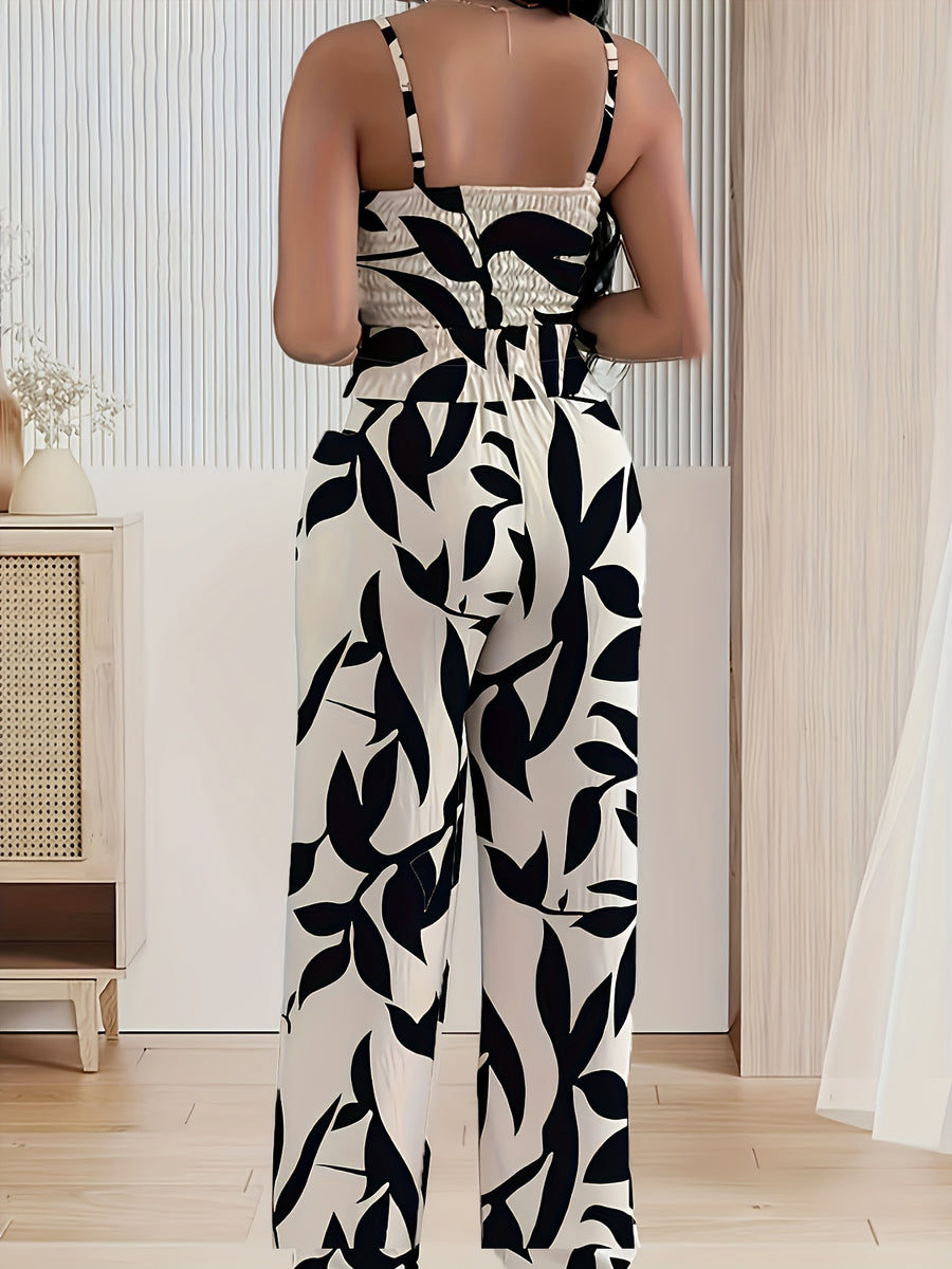 2-piece Women's Set with Thin Strap Stretch Camisole and Wide-leg Pants (front Tie) for Casual Vacation Wear - Mixed colors
