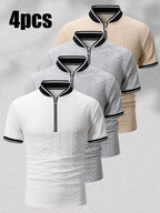 4pcs Solid Color Textured Texture Stand Collar Short Sleeve Men'S Contrast Striped Baseball Collar Short Sleeve Polo Shirt Summer Half-Button Baseball Collar T-Shirt Casual All-Match Top, Contrast Trimmed Collar And Cuffs, Front Zipper Design - White + Light Gray + Light Gray + Khaki