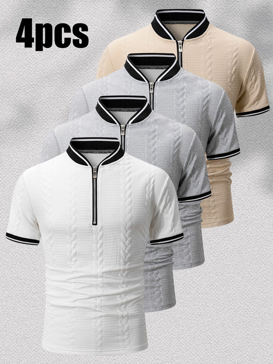 4pcs Solid Color Textured Texture Stand Collar Short Sleeve Men'S Contrast Striped Baseball Collar Short Sleeve Polo Shirt Summer Half-Button Baseball Collar T-Shirt Casual All-Match Top, Contrast Trimmed Collar And Cuffs, Front Zipper Design - White + Light Gray + Light Gray + Khaki