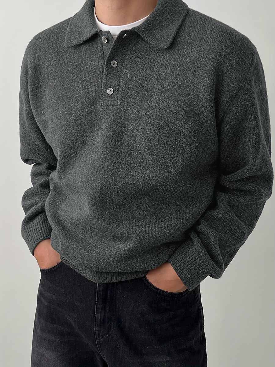 Men's POLO Collar Sweater for Autumn/Winter, Lazy-Style High-End Winter Pullover, Inner Layer Base Top, Lapel Knit Outerwear, Thick Jacket - Dark Gray