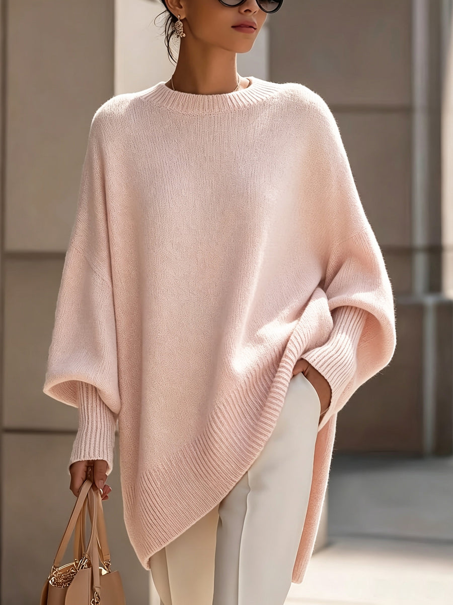 French-style Relaxed Silhouette Top, Irregular Slanted Hem Loose Lantern Sleeve Sweater, Gentle and Elegant Loose Fit That Is, Urban Casual Style - Pink Color