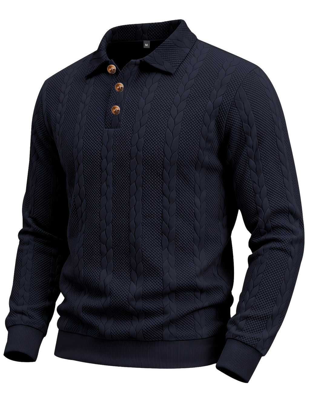 1pc Men's Striped Jacquard Long-Sleeve Polo Shirt, Autumn/Winter Textured Vintage Style Outdoor Casual Henley Top - Navy Color