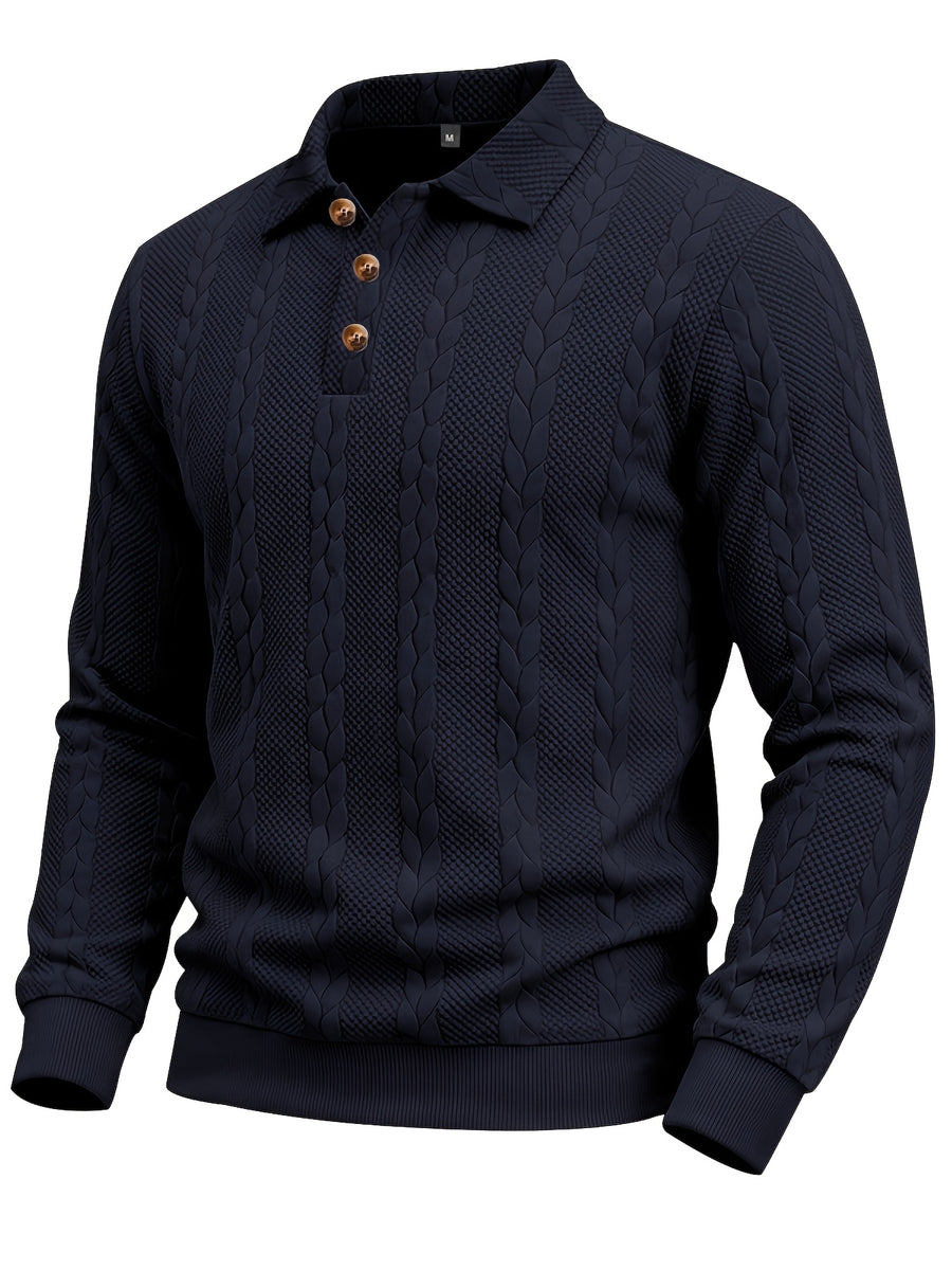 1pc Men's Striped Jacquard Long-Sleeve Polo Shirt, Autumn/Winter Textured Vintage Style Outdoor Casual Henley Top - Navy Color