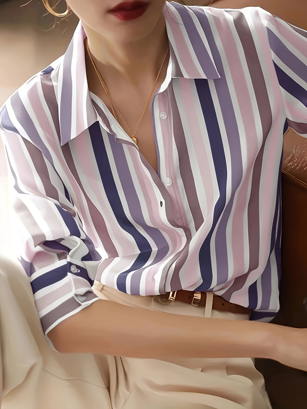 Women'S Casual Striped Shirt, Button-Up Design, Made Of, Suitable for Spring, Summer, And Autumn Casual Or Formal Wear | Classic Lapel Fashion Button-Up, Elegant Women'S Shirt, Beautiful Women'S Shirt, Autumn Women'S Top Trend, Women'S Clothing - Blue