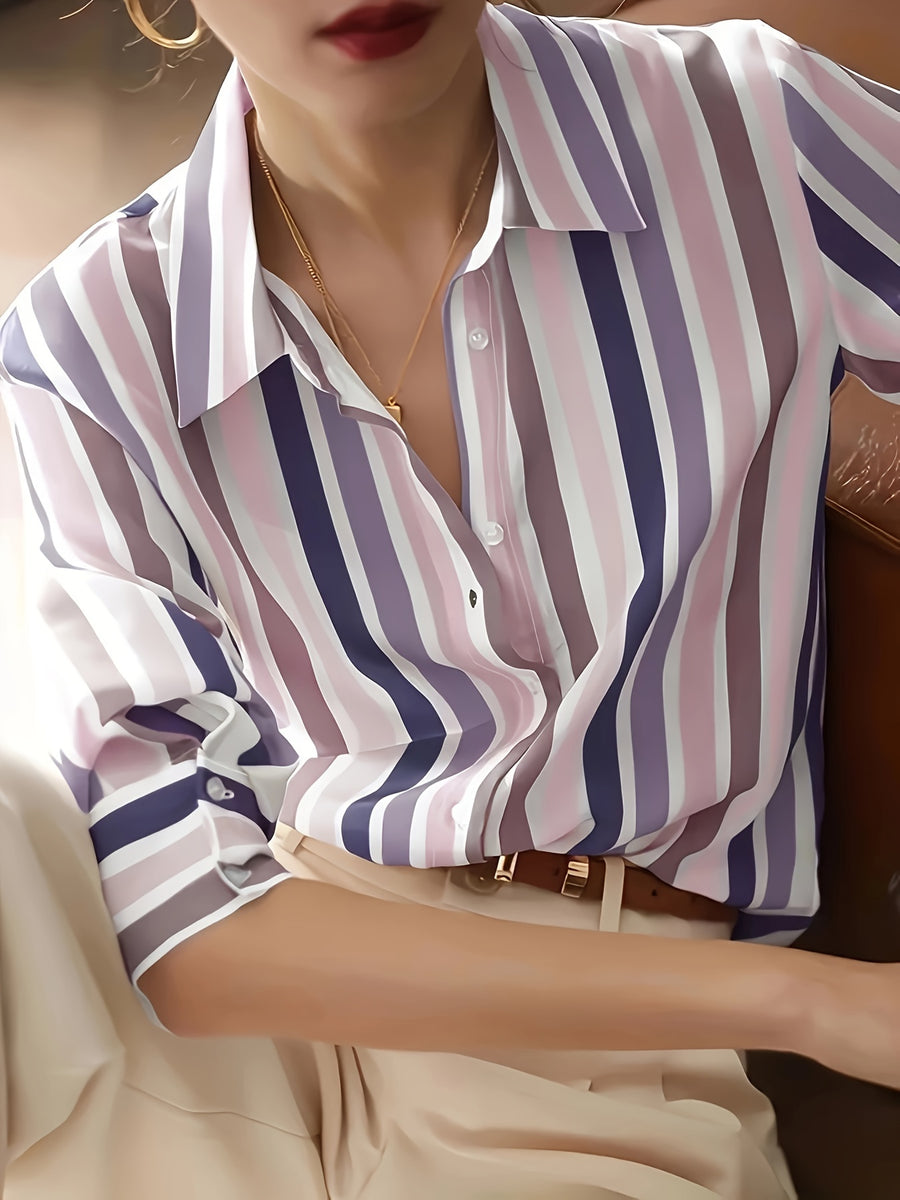 Women'S Casual Striped Shirt, Button-Up Design, Made Of, Suitable for Spring, Summer, And Autumn Casual Or Formal Wear | Classic Lapel Fashion Button-Up, Elegant Women'S Shirt, Beautiful Women'S Shirt, Autumn Women'S Top Trend, Women'S Clothing - Blue