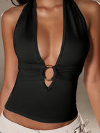 Yaco Street Style Backless Ring Trim Black Women'S Suspender Vest, Spring And Summer Style - Black