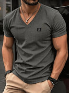 [180G 95% Polyester] Men'S Casual Waffle V-Neck Short Sleeve Top, Breathable Comfortable Chest Patch Style, Men'S Comfortable High-Quality High-Fit Rate Casual Sports T-Shirt Summer Global All Seasons Base Layer Factory Made - Dark Gray