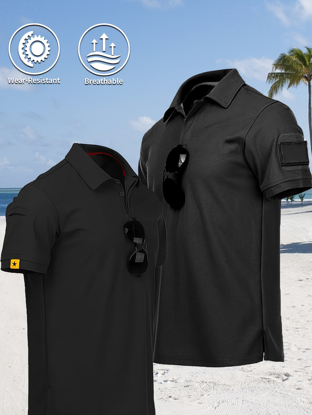 2pcs Summer Quick-Dry Lightweight Breathable Men'S Short Sleeve Loose T-Shirt Breathable Lapel T-Shirt Outdoor Riding Casual Short Sleeve Top, Additions Not Included - Black Khaki
