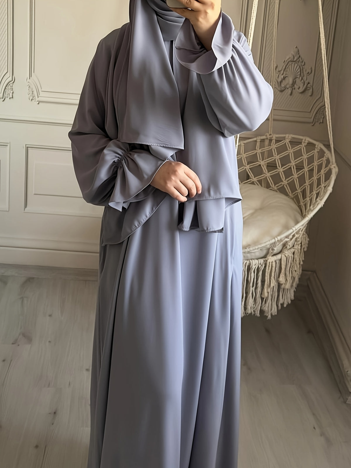 1pc Fashionable, Elegant And Casual One-Piece Solid-Colored Bellows Sleeve Suitable for Daily Wear. Loose And Comfortable Women'S Abaya Robe - Dark Gray