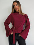 Women's Flared Sleeve Blouse, Suitable for Daily Business Commutes and Office Wear, Solid Color Shirt with Metal Buttons, Basic Top, Vintage Style, Elegant Women's Blouse - Red