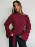 Women's Flared Sleeve Blouse, Suitable for Daily Business Commutes and Office Wear, Solid Color Shirt with Metal Buttons, Basic Top, Vintage Style, Elegant Women's Blouse - Red