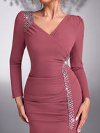 Women's Sequin Patchwork Elegant Wedding Bridesmaid Evening Dress Gown - Pale Pinkish Gray