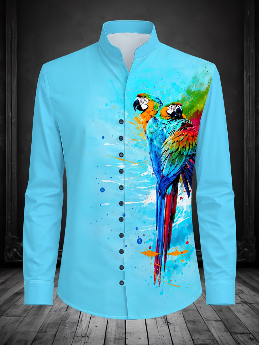 Men'S Fashion Stand Collar Long Sleeve Shirt with 11-Row Buttons Casual Versatile Top - Mixed Color 3