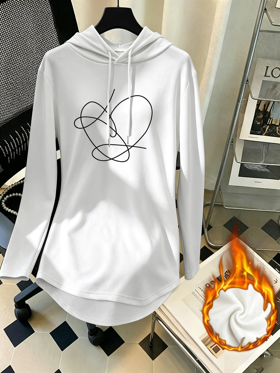 Women's Mid-Length Hooded Sweatshirt, Loose Fit, Hip-Covering, Heart Print, Drawstring Pullover Top - White