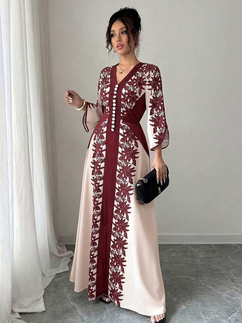 Plus Size, Elegant and Fashionable Plus-size Women's Printed Long-sleeve Dress, Adorned with Buckle Embellishments, Featuring a V-neck and Slit Cuffs. Suitable for Parties, Outings, Romantic Dates, and Daily Wear. Designed for Plus-size Women - Burgundy color