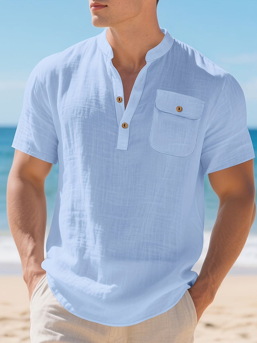 Men'S Pure Henley Shirt Spring And Summer Casual Breathable Sweat-Absorbent Linen Texture Short-Sleeved Half Placket Pocket Easy Solid Color Small Stand-Up Collar POLO Shirt, Sweat-Resistant - Sky Blue