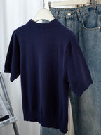 Gray Short-Sleeve Sweater with Scarf Bow Tie Collar - Round Neck Blouse-Compatible Suitable for Layering or Outerwear, Medium Stretch - Sweater for Commuting, Office & Casual Wear, Hand Washable Solid Color - Navy Color