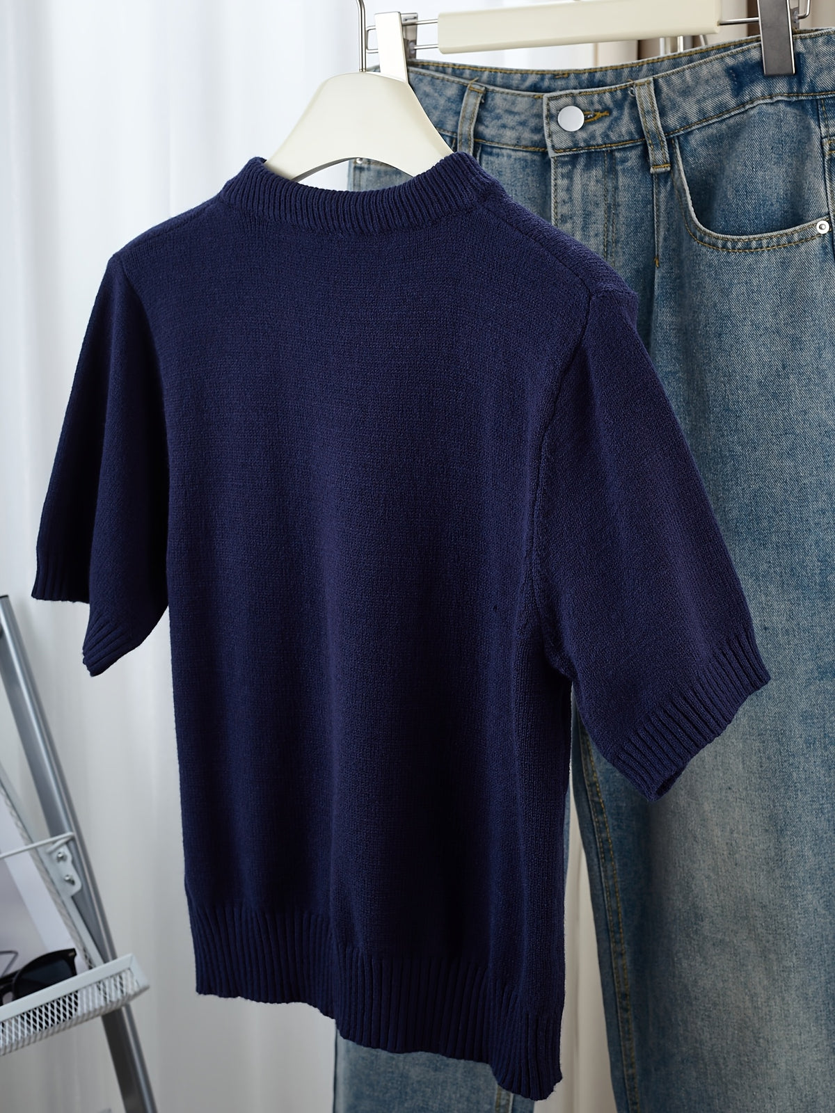 Gray Short-Sleeve Sweater with Scarf Bow Tie Collar - Round Neck Blouse-Compatible Suitable for Layering or Outerwear, Medium Stretch - Sweater for Commuting, Office & Casual Wear, Hand Washable Solid Color - Navy Color