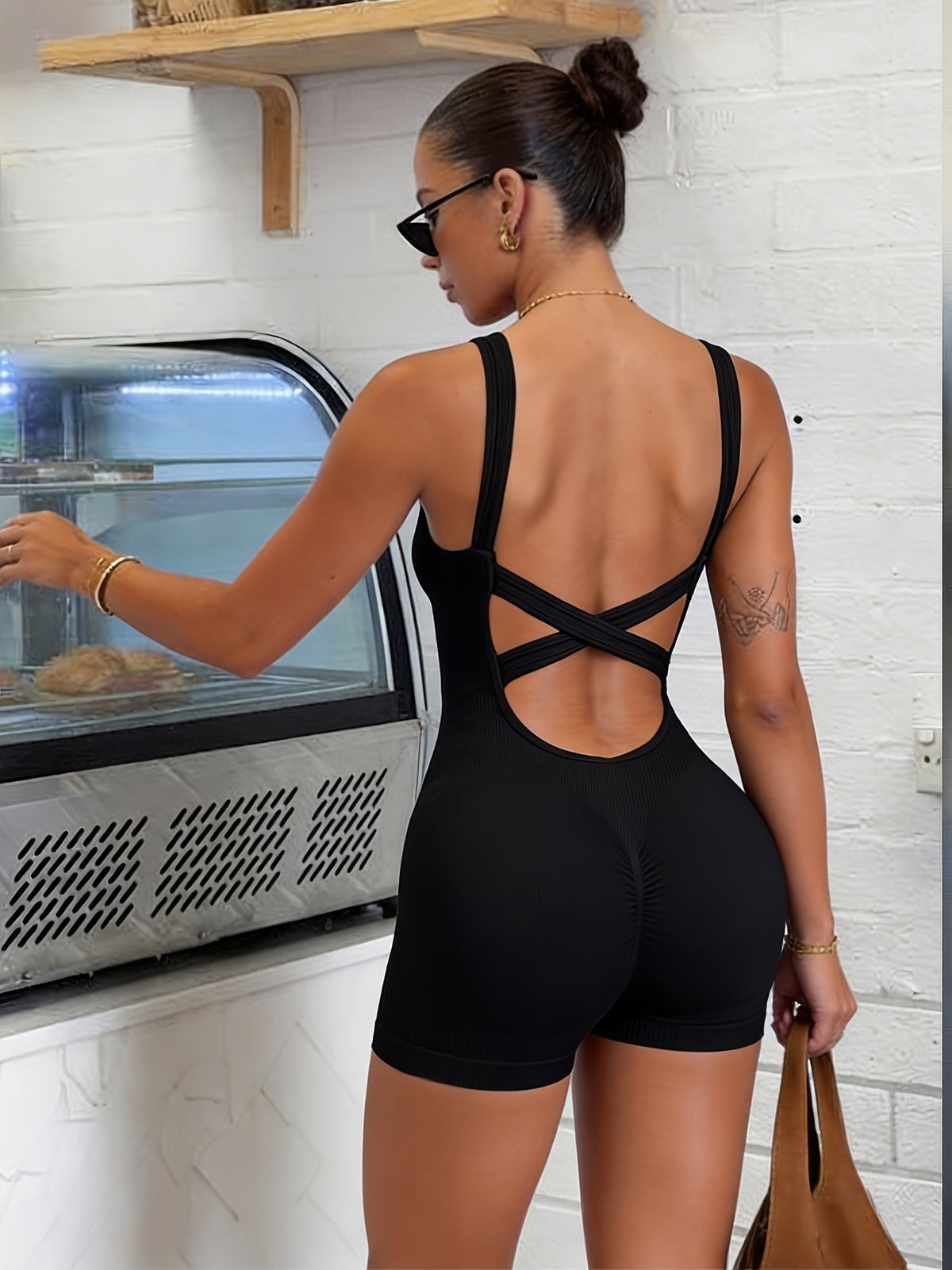 High-End Seamless Jumpsuit Shorts (Women'S) - Nylon One-Piece Specially Optimized for Summer, 360° Omnidirectional Compression + Honeycomb Back Hollow Design + High-Waisted Hip Lift Design + Ultra-Soft Skin-Friendly Fabric - Black