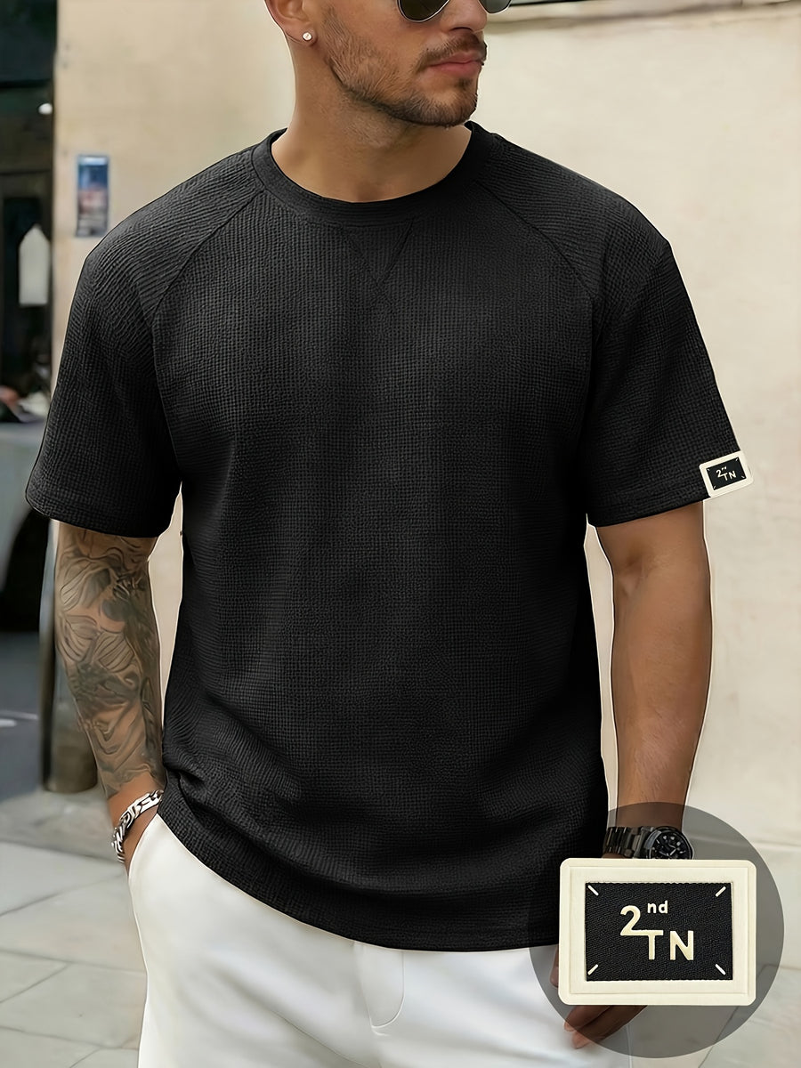 Men'S Waffle Knit Crew Neck T-Shirt, Lightweight And Breathable Short Sleeve Casual Tee with Premium Fashion Handcrafted Labeling. Comfortable Loose-Fit Summer Top Perfect for Daily Wear, Street Style, Vacations, Travel, Outdoor Activities - Black