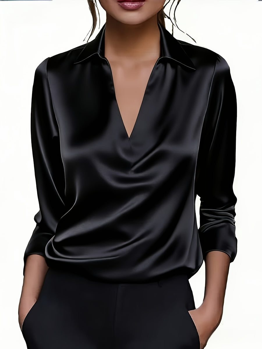 Women'S Elegant Shimmering V-Neck Long Sleeve Shirt - Black