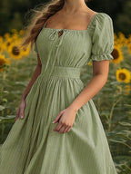 Fashionable And Elegant Textured Square Neck Dress Puff Sleeve Waist Tie Cake Long Dress French Gentle Style First Love Dress - Mint Green