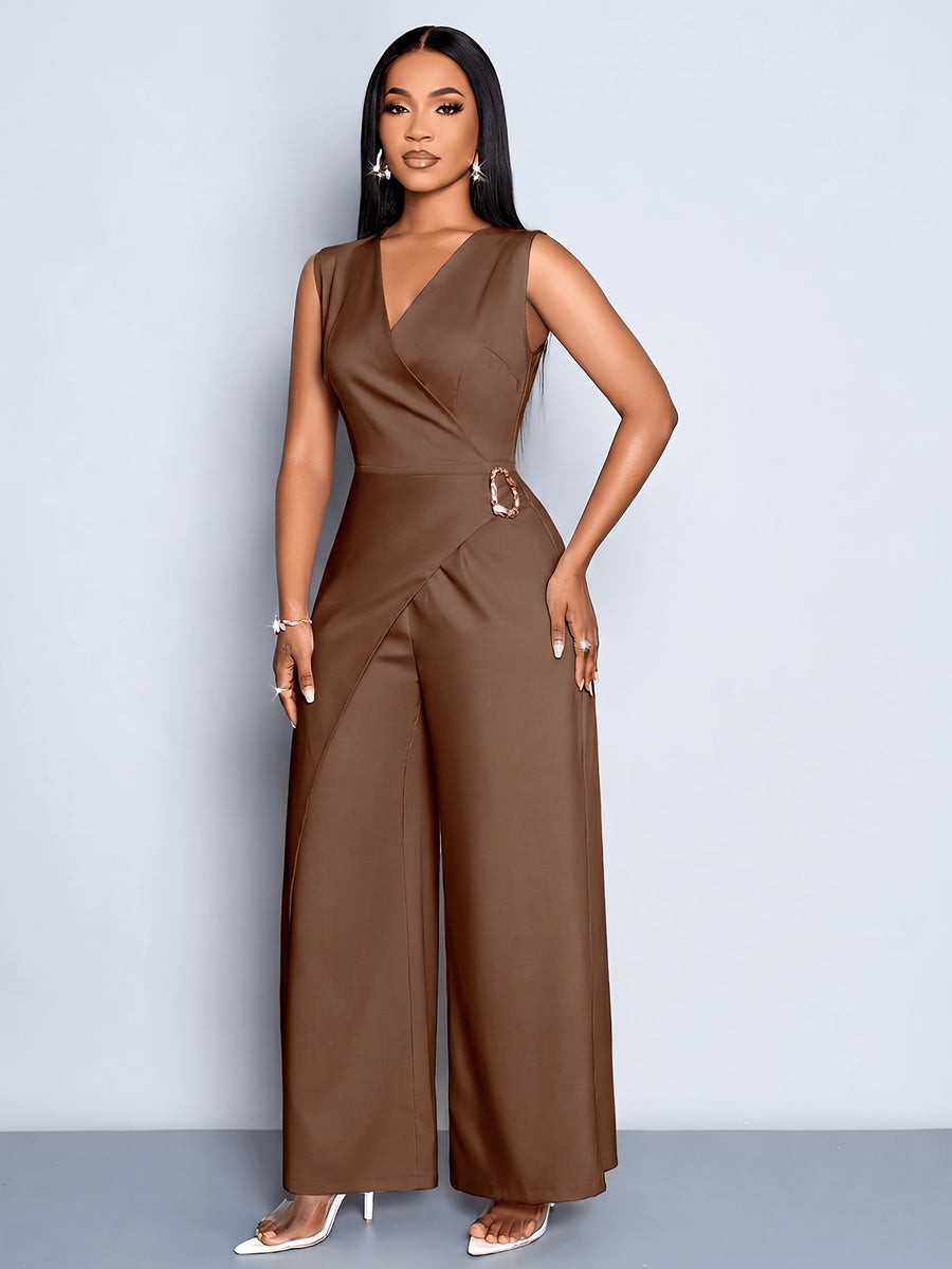 Women's Casual and Elegant Sleeveless Jumpsuit, Business Casual Wear, Simple Style Office Attire for Women - Coffee Color