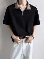Men's Plaid Patchwork Lapel Half-Zip Short-Sleeve T-Shirt, Summer Loose Fit Casual Premium Polo Shirt - Black