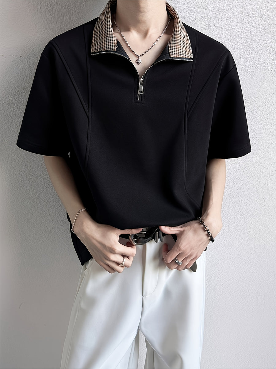Men's Plaid Patchwork Lapel Half-Zip Short-Sleeve T-Shirt, Summer Loose Fit Casual Premium Polo Shirt - Black