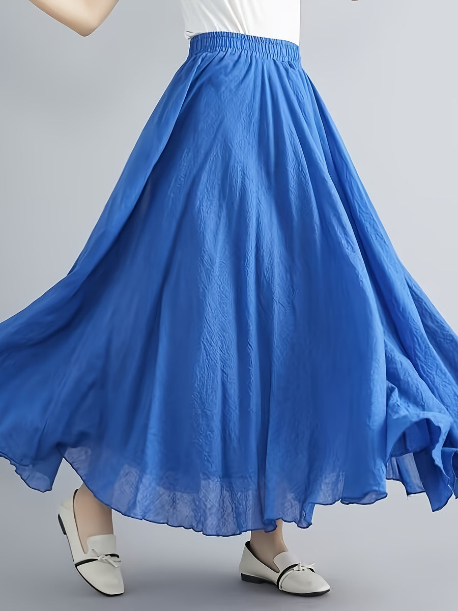 Solid Color Ethnic Style Literary Double-Layer Non-See-Through Midi Skirt for Women, Spring Summer Autumn Zen Style Long Dress with Wide Hem, High Waist Flowy - Dark Blue 1
