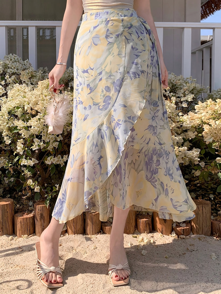 Women'S Elegant Snowflake Print Chiffon Ruffle Hem A-Line Dress, Summer, Back to Season Outfit - Light Purple